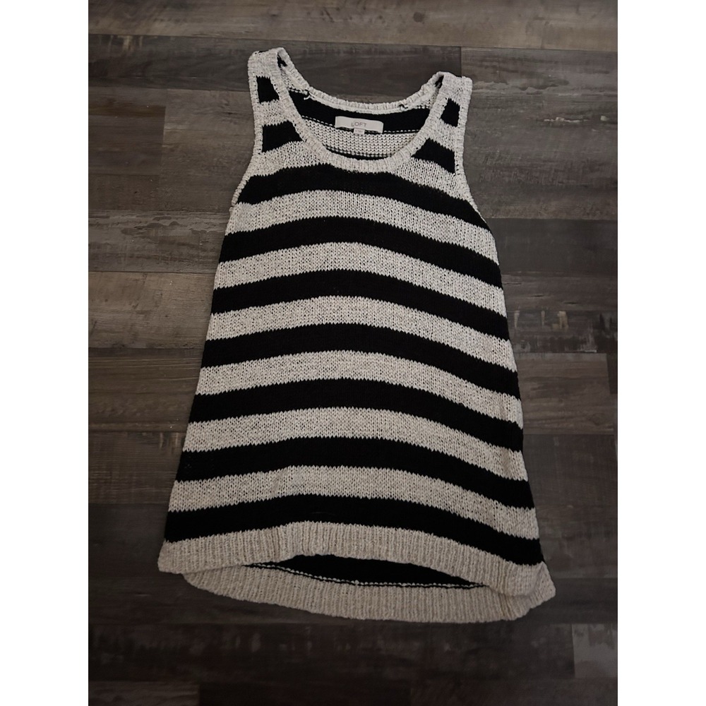 LOFT Women's Black Ivory Striped Open-Knit Scoop Neck Sleeveless Sweater M